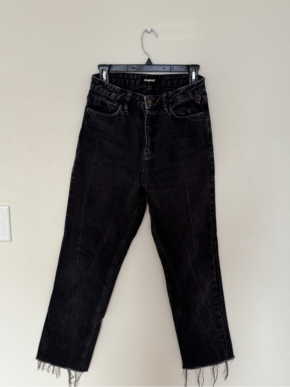 DESIGUAL - Desigual Black Coated Straight Leg Jeans Frayed Hem